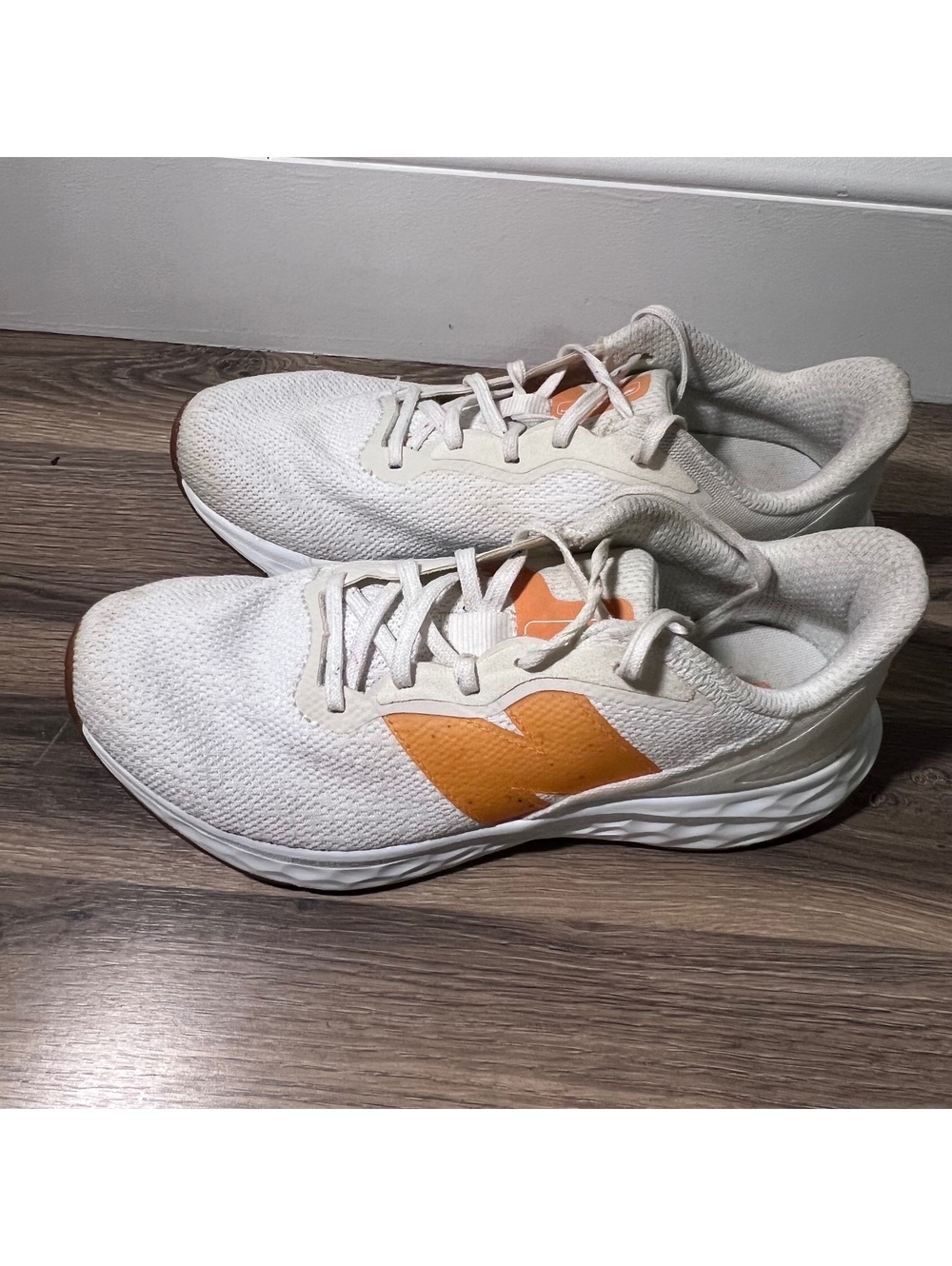 New Balance white orange running shoes, women's size 9